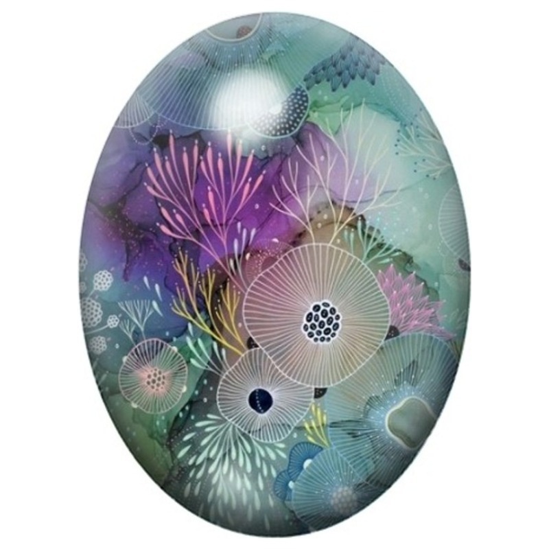 Cabochon en Verre Illustré Coraux Graphiques Violets et Turquoise 13x18, 18x25 ou 30x40mm