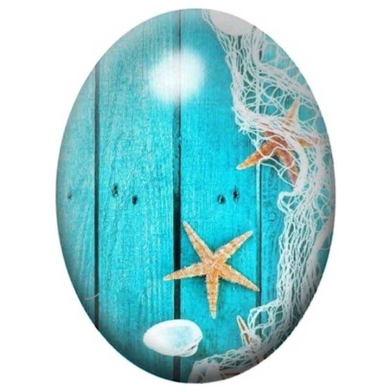 Cabochon en Verre Illustré Étoile de Mer et Filet de Pêche 13x18, 18x25 ou 30x40mm