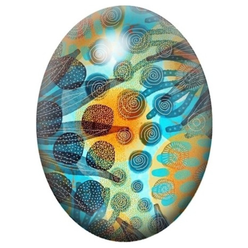 Cabochon en Verre Illustré Motifs Marins Abstraits Turquoise et Orange 13x18, 18x25 ou 30x40mm