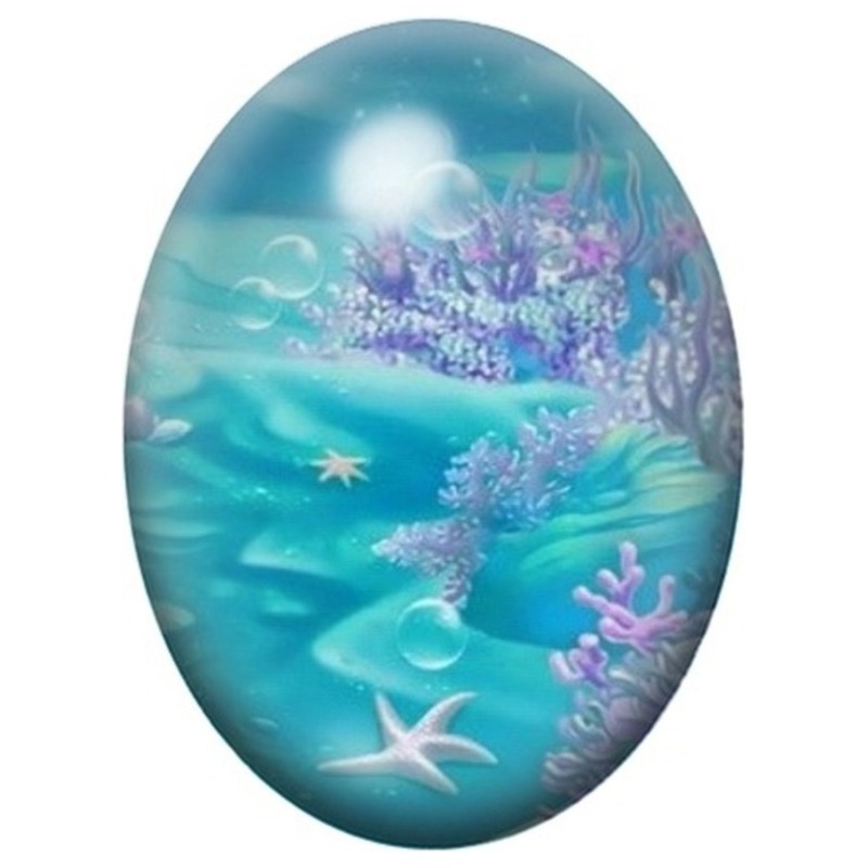Cabochon en Verre Illustré Lagon Turquoise et Île de Corail 13x18, 18x25 ou 30x40mm