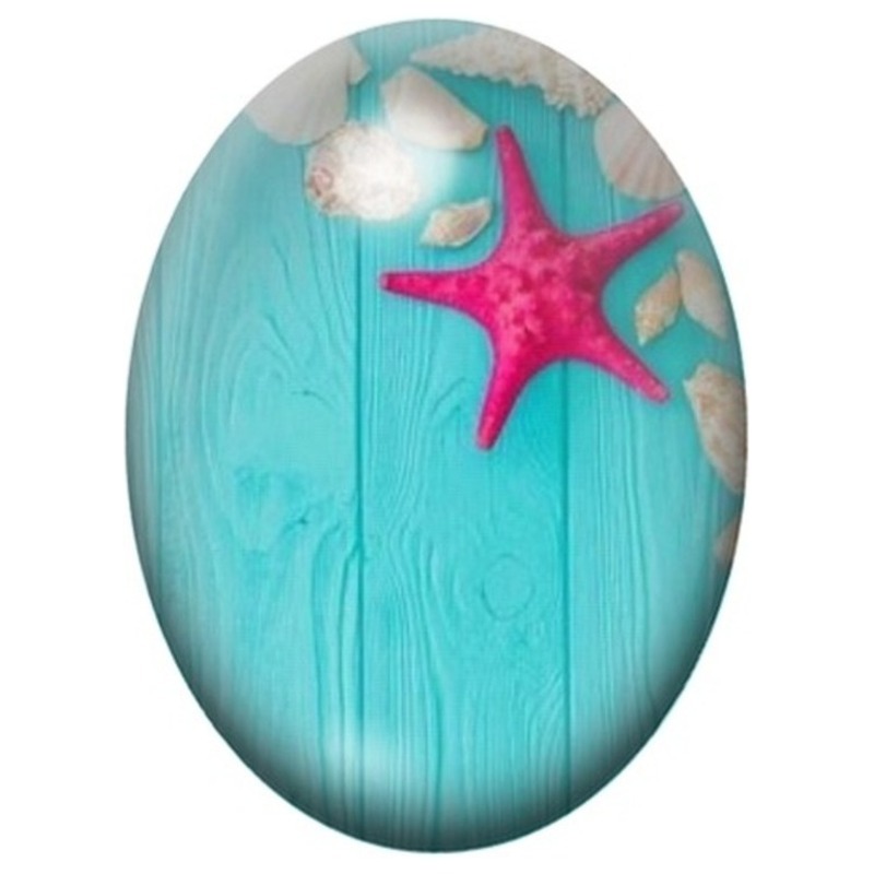Cabochon en Verre Illustré Étoile de Mer Rose sur Bois Turquoise 13x18, 18x25 ou 30x40mm