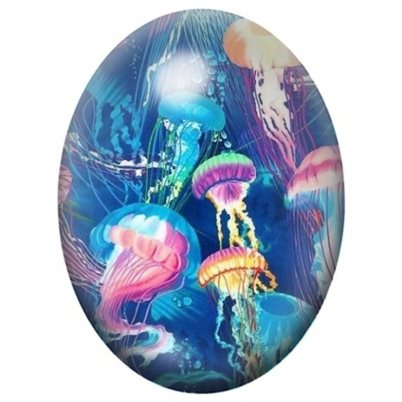 Cabochon en Verre Illustré Méduses Lumineuses dans l’Océan Bleu 13x18, 18x25 ou 30x40mm