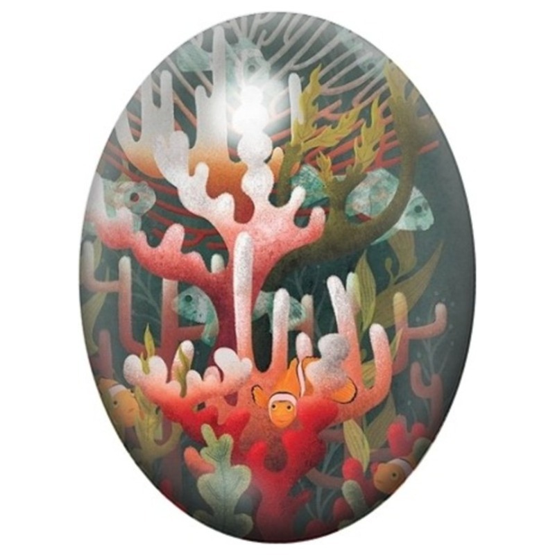 Cabochon en Verre Illustré Poisson-Clown dans un Récif de Corail 13x18, 18x25 ou 30x40mm