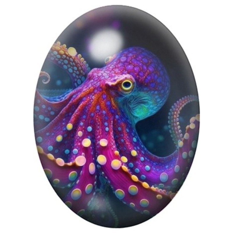 Cabochon en Verre Illustré Pieuvre Violette aux Tentacules Colorés 13x18, 18x25 ou 30x40mm