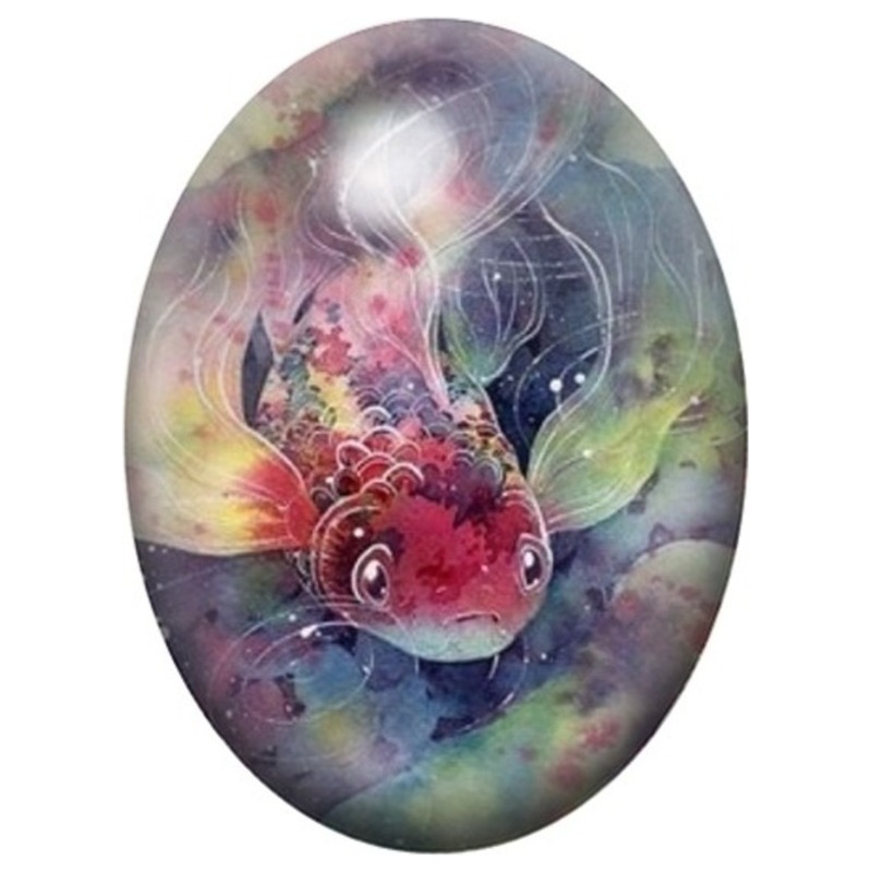 Cabochon en Verre Illustré Poisson Rouge dans un Jardin Aquatique 13x18, 18x25 ou 30x40mm