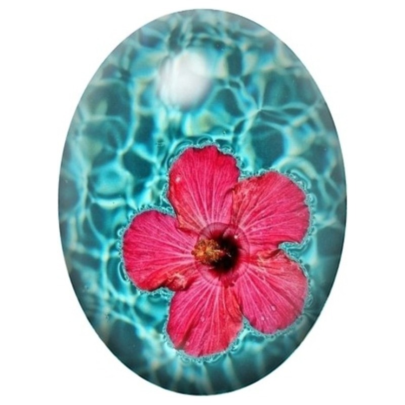 Cabochon en Verre Illustré Hibiscus Rose sur l’Eau Turquoise 13x18, 18x25 ou 30x40mm