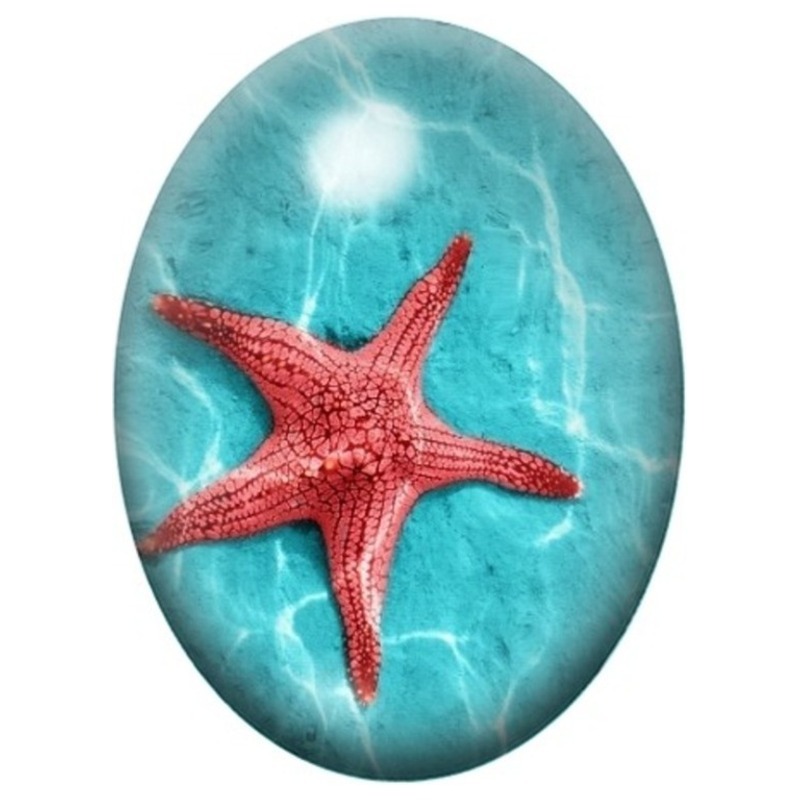 Cabochon en Verre Illustré Étoile de Mer Rouge dans l’Eau Turquoise 13x18, 18x25 ou 30x40mm