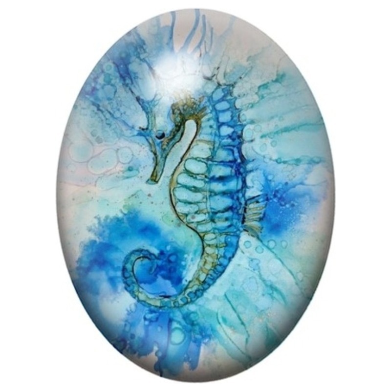 Cabochon en Verre Illustré Hippocampe Bleu à l’Aquarelle 13x18, 18x25 ou 30x40mm