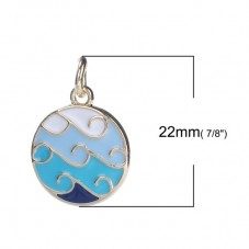 Breloque Vagues Mer en Émail Bleu Métal Doré 22x16mm