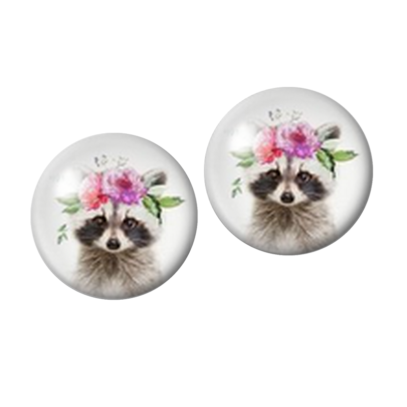 2 Cabochons en Verre Illustré Raton-Laveur Couronne Fleurs 10mm