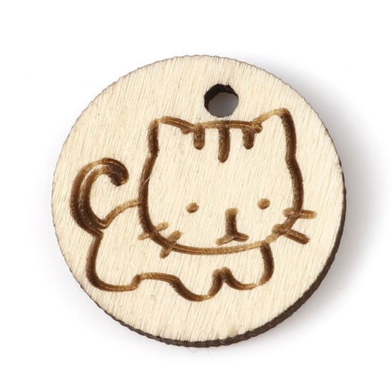5 Breloques Rondes en Bois Chat Gravé 19mm