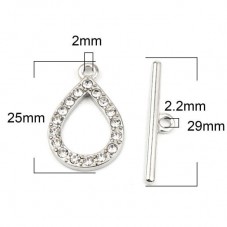 Fermoir Toggle Goutte Argenté avec Strass pour Bracelet 25x16mm - 29x6mm