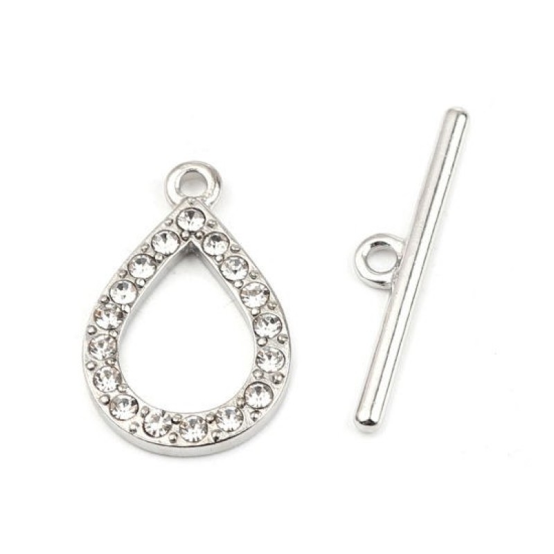Fermoir Toggle Goutte Argenté avec Strass pour Bracelet 25x16mm - 29x6mm