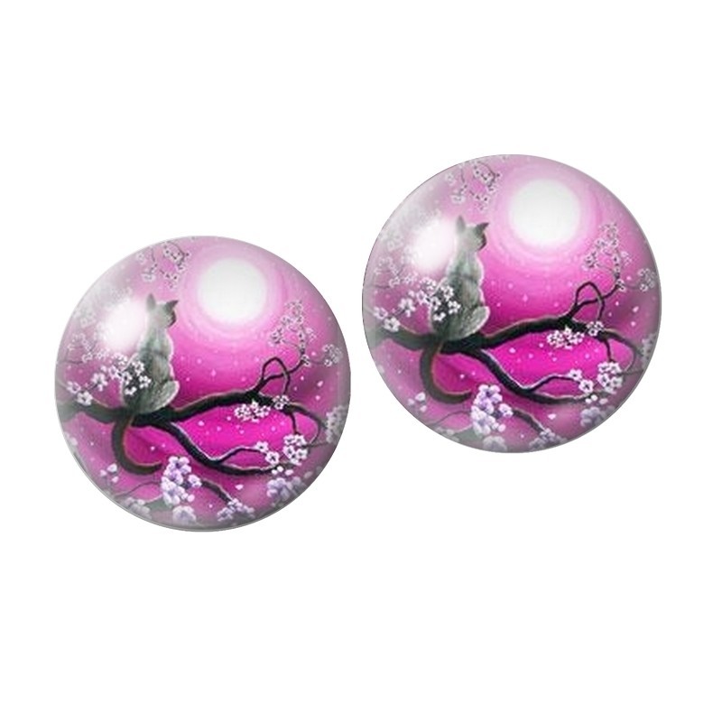 2 Cabochons en Verre Illustré Chat Lune 10mm