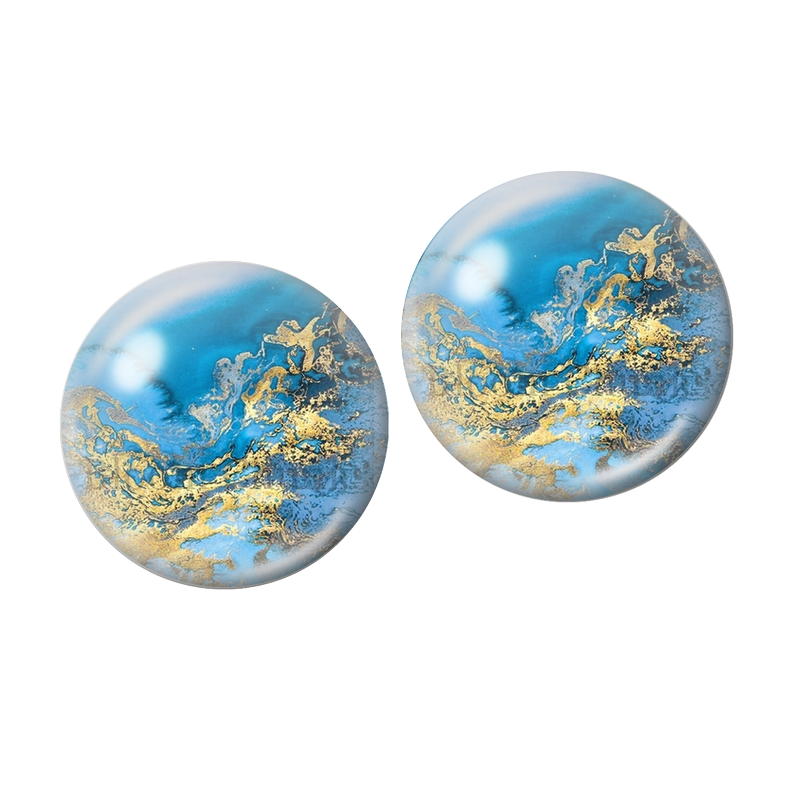 2 Cabochons en Verre Illustré Fantaisie Bleu/Doré 10mm