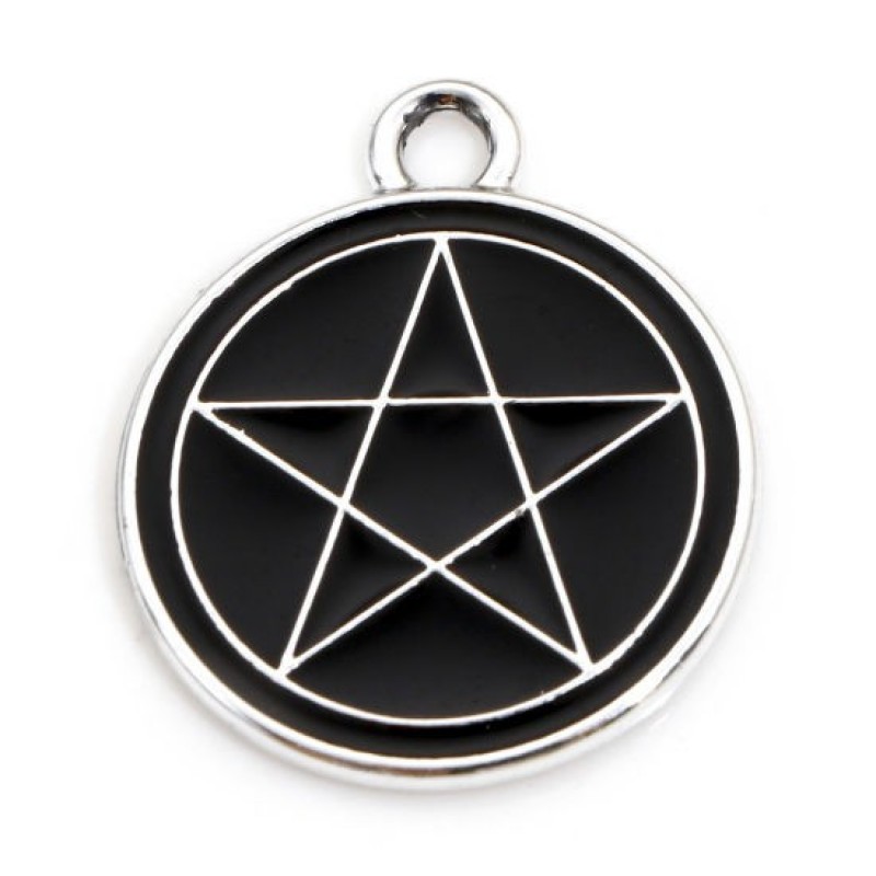 2 Breloques Pentacle en Émail Noir Métal Argenté Étoile Sorcière Gothique 20x17mm