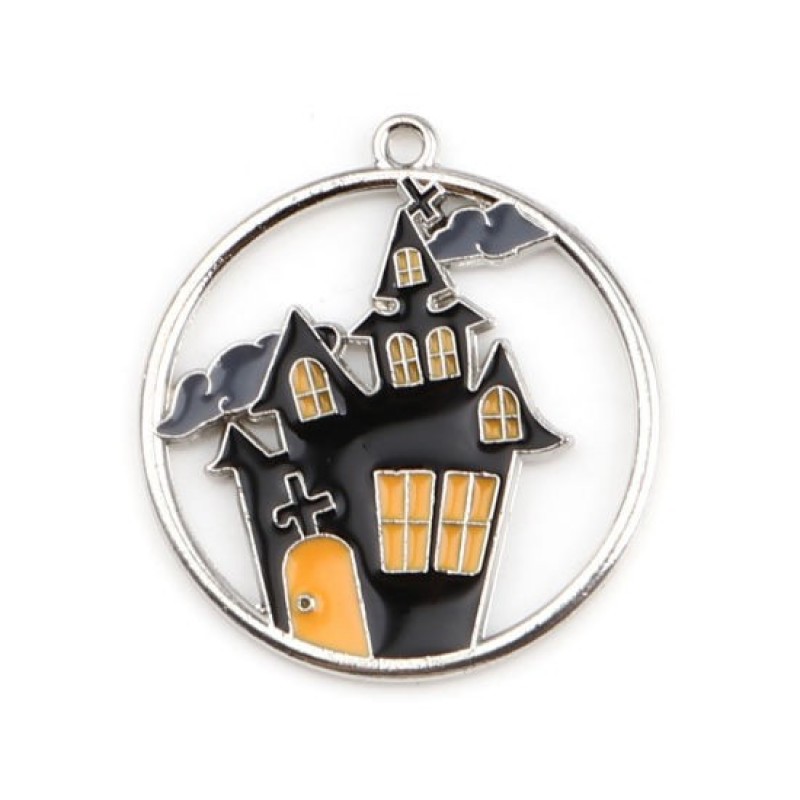 2 Breloques Maison Hantée en Émail Noir Métal Argenté Halloween 26x17mm