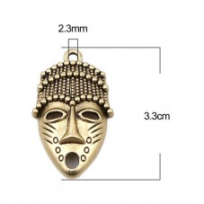 2 Breloques Masque Tribal Métal Doré 33x20mm