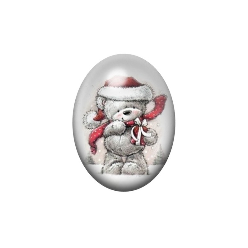 Cabochon en Verre Illustré Ourson de Noël au Bonnet Rouge 13x18, 18x25 ou 30x40mm