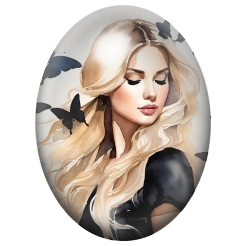 Cabochon en Verre Illustré Femme Blonde aux Papillons Noirs 13x18, 18x25 ou 30x40mm