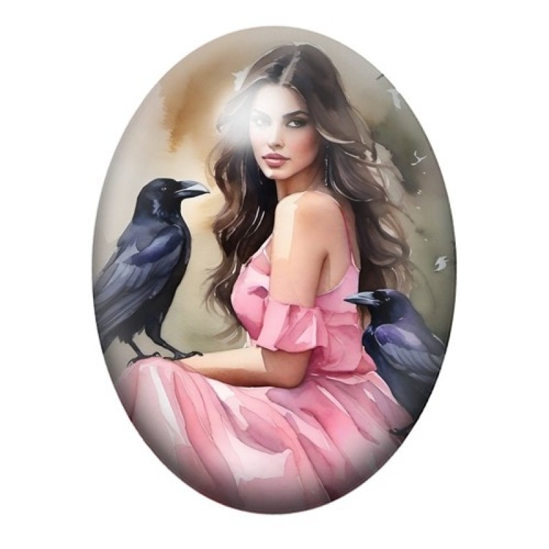 Cabochon en Verre Illustré Femme Corbeaux Gothique 13x18, 18x25 ou 30x40mm