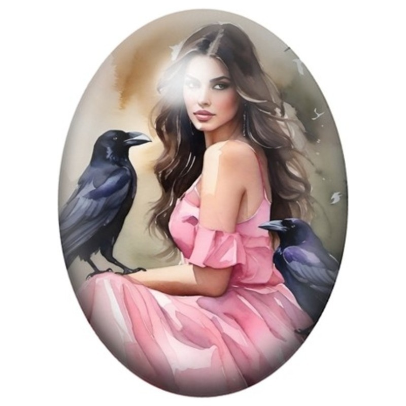 Cabochon en Verre Illustré Femme en Rose avec un Corbeau 13x18, 18x25 ou 30x40mm