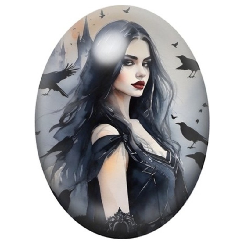 Cabochon en Verre Illustré Femme Gothique Entourée de Chauves-Souris 13x18, 18x25 ou 30x40mm