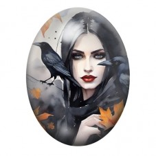 Cabochon en Verre Illustré Femme Gothique au Corbeau et Feuilles d’Automne 13x18, 18x25 ou 30x40mm pour la création de bijoux fa