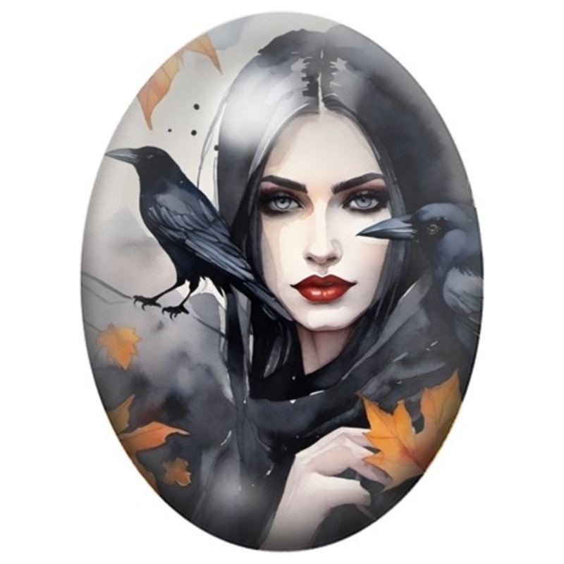 Cabochon en Verre Illustré Femme Gothique au Corbeau et Feuilles d’Automne 13x18, 18x25 ou 30x40mm
