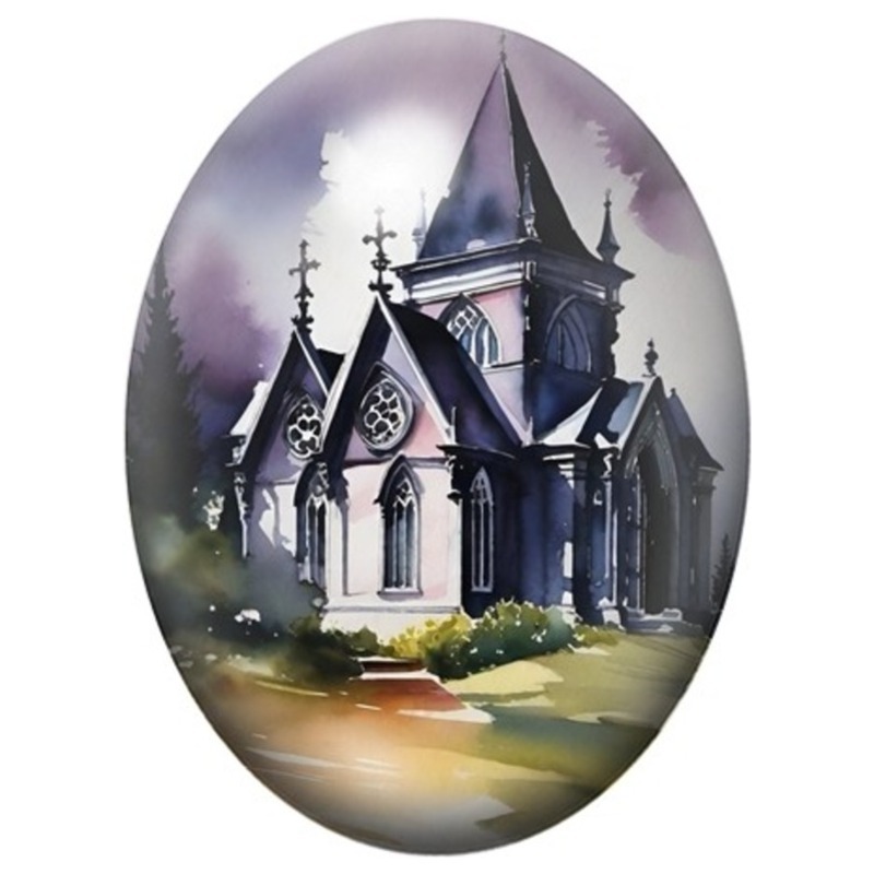 Cabochon en Verre Illustré Église Gothique sous un Ciel Violet 13x18, 18x25 ou 30x40mm