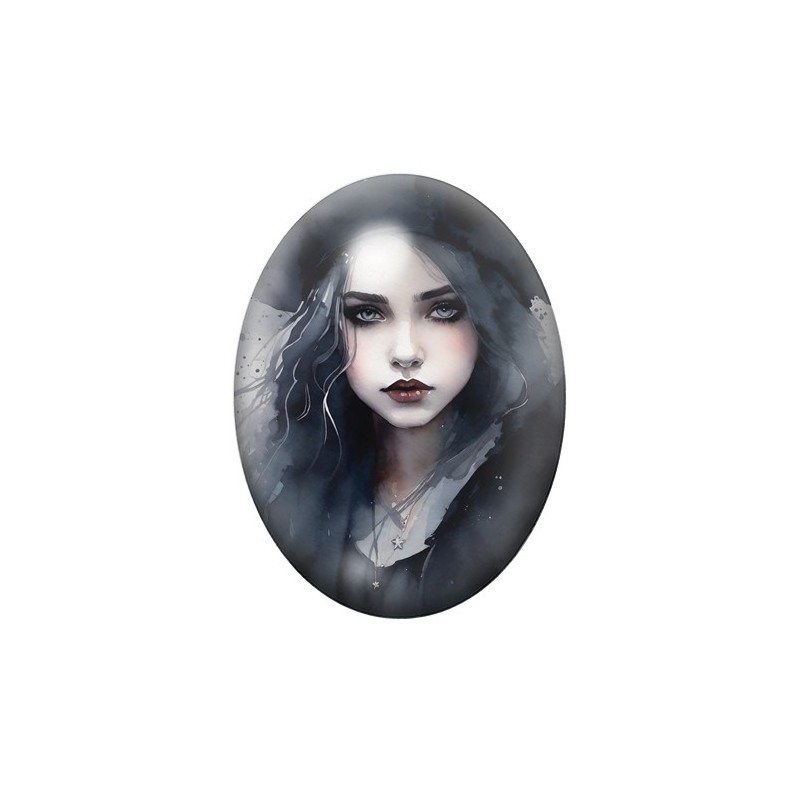 Cabochon en Verre Illustré Jeune Fille Gothique 13x18, 18x25 ou 30x40mm