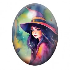 Cabochon en Verre Illustré Sorcière aux Cheveux Violets 13x18, 18x25 ou 30x40mm pour la création de bijoux fantaisie - DIY