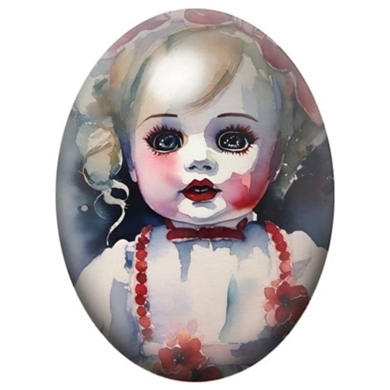 Cabochon en Verre Illustré Poupée de Porcelaine aux Rubans Rouges 13x18, 18x25 ou 30x40mm