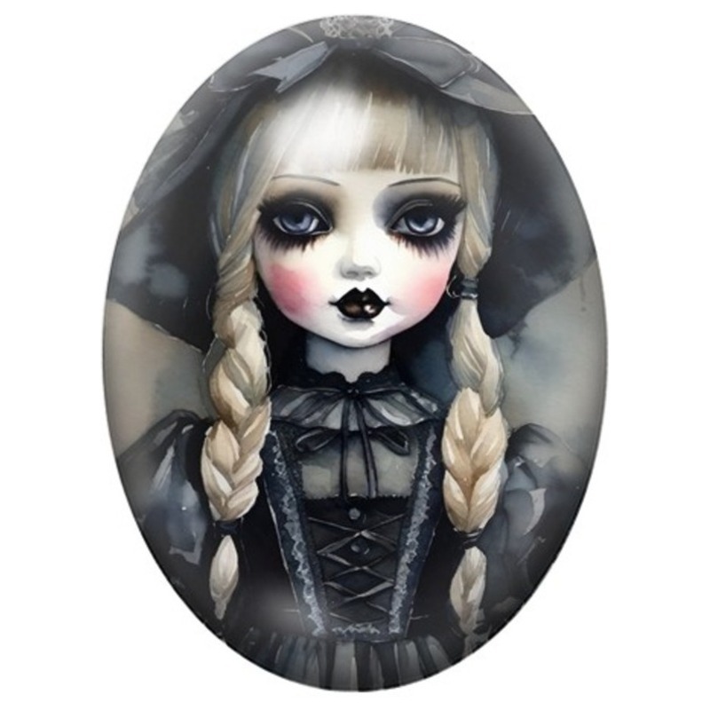 Cabochon en Verre Illustré Poupée Gothique aux Tresses Blondes 13x18, 18x25 ou 30x40mm