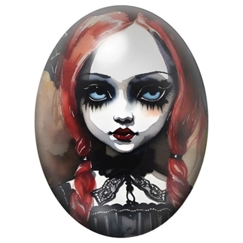 Cabochon en Verre Illustré Poupée Gothique Rousse au Maquillage Noir 13x18, 18x25 ou 30x40mm