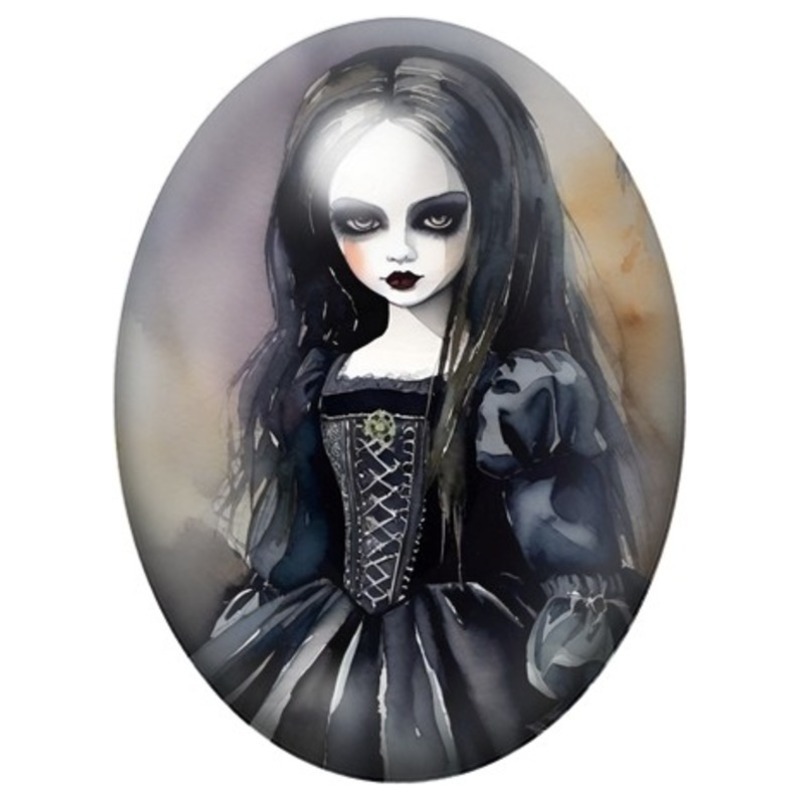 Cabochon en Verre Illustré Poupée Gothique au Corset Noir 13x18, 18x25 ou 30x40mm