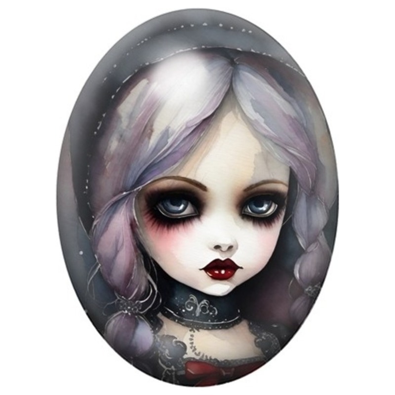 Cabochon en Verre Illustré Poupée Gothique aux Cheveux Lavande 13x18, 18x25 ou 30x40mm