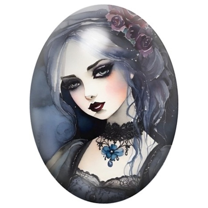 Cabochon en Verre Illustré Femme Gothique au Bijou Bleu 13x18, 18x25 ou 30x40mm