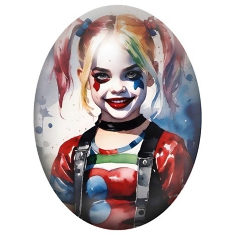 Cabochon en Verre Illustré Clown Gothique aux Couettes Colorées 13x18, 18x25 ou 30x40mm