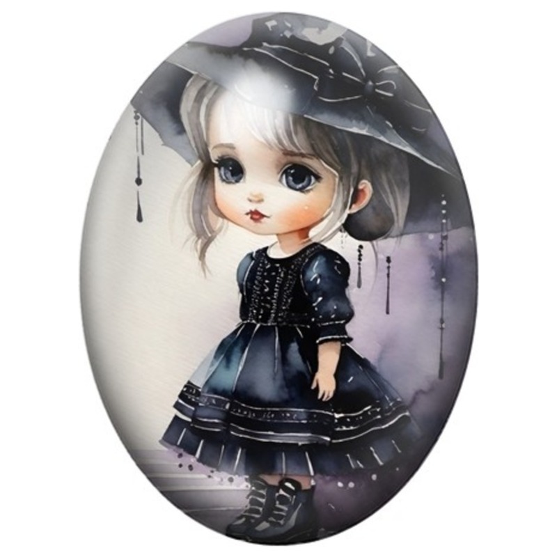 Cabochon en Verre Illustré Poupée Gothique sous un Parapluie Noir 13x18, 18x25 ou 30x40mm