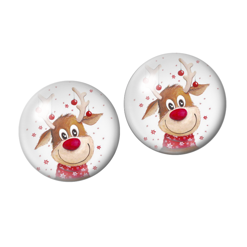 2 Cabochons en Verre Illustré Renne Rudolph Hiver Noël 10mm