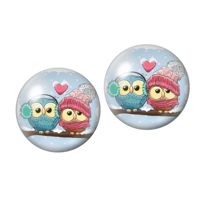 2 Cabochons en Verre Illustré Hiboux Hiver Noël 10mm
