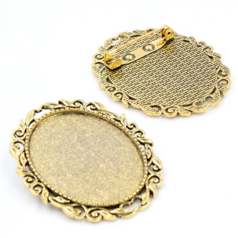 Support Broche Doré Ornementé pour Cabochon Ovale 30x40mm