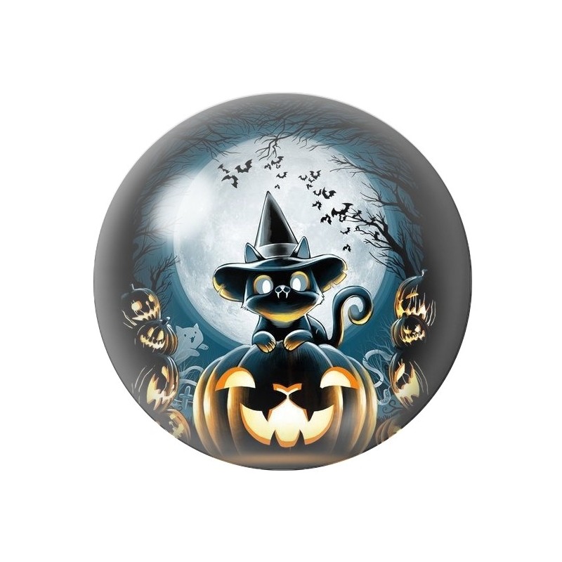 Cabochon en Verre Illustré Chat Noir Citrouille Halloween 12 à 25mm