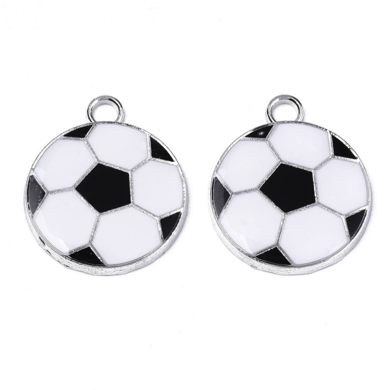 2 Breloques Ballon de Foot en Émail Métal Argenté 24x20mm