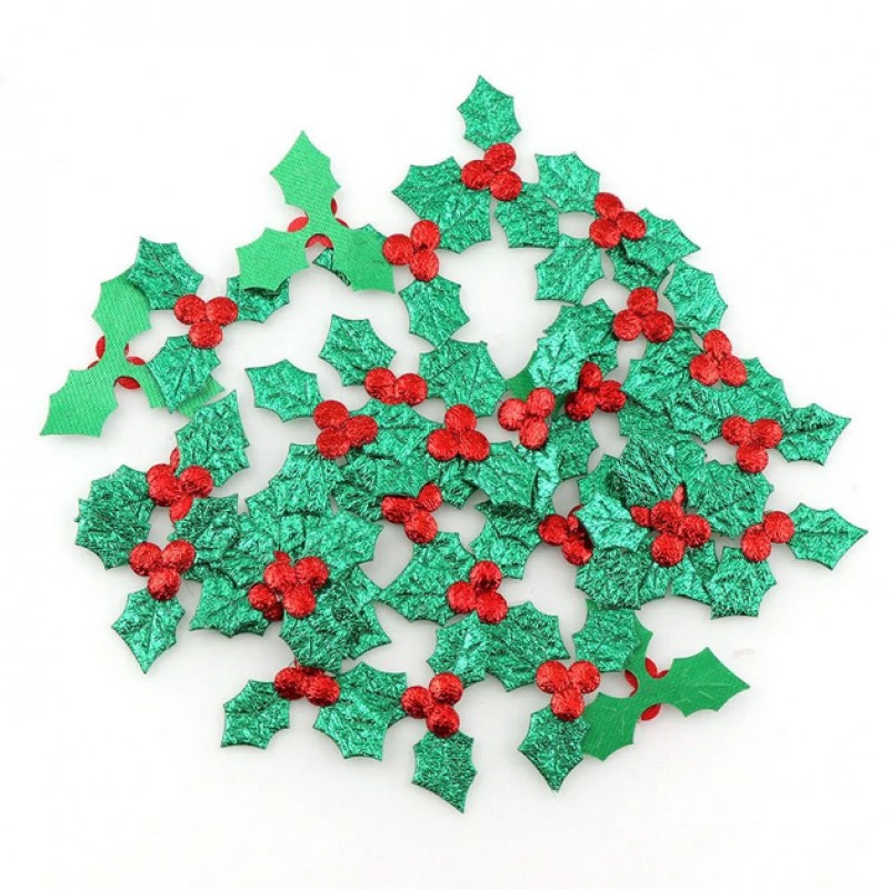 10 Appliques de Noël Feuilles de Houx en Tissu 37x30mm
