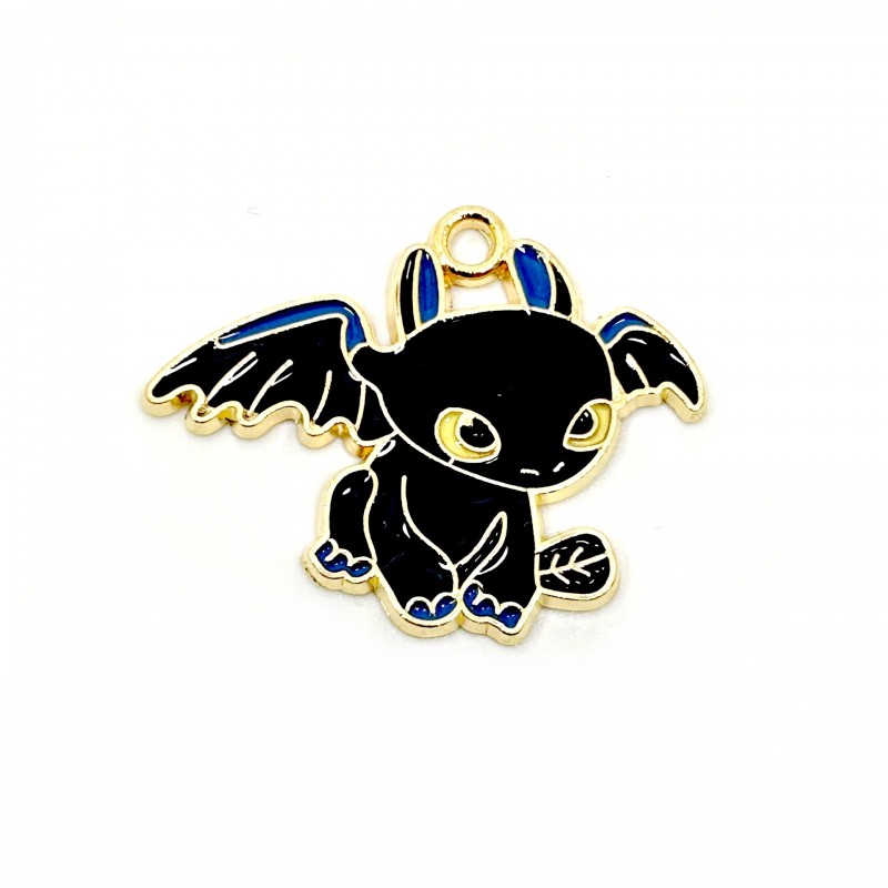 2 Breloques Dragon en Émail Noir Métal Doré 27x21mm