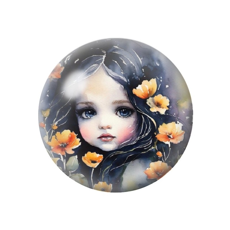 Cabochon en Verre Illustré Petite Fille Fleurs 12 à 25mm
