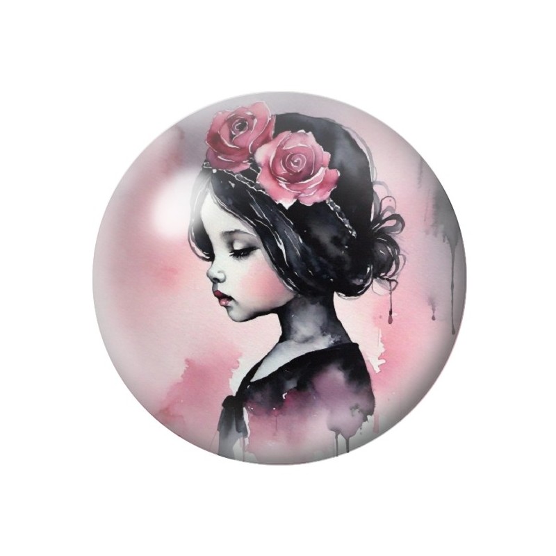 Cabochon en Verre Illustré Petite Fille Fleurs 12 à 25mm