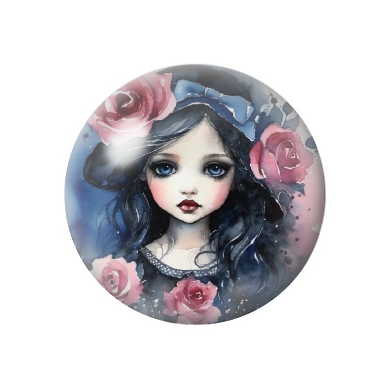 Cabochon en Verre Illustré Petite Fille Fleurs 12 à 25mm